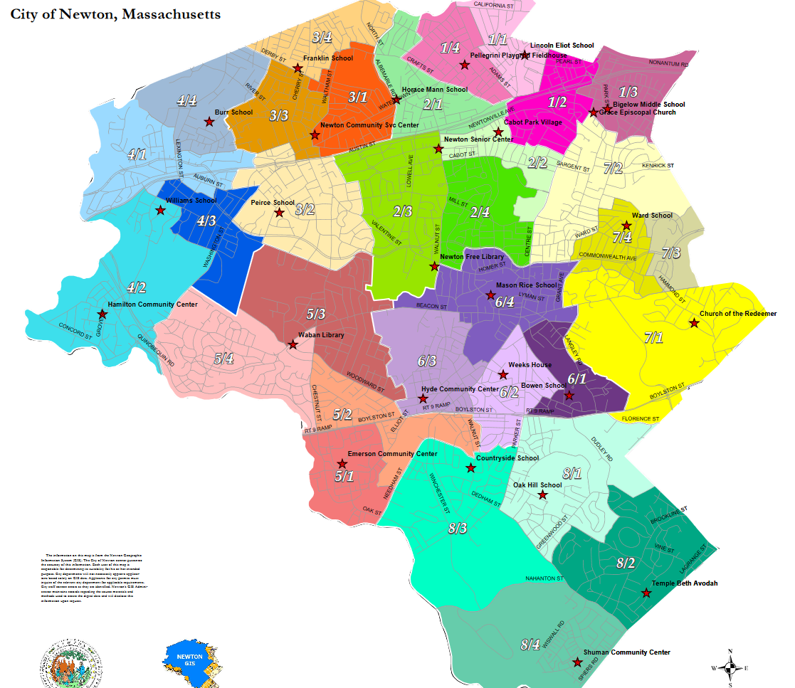 Figure 1: Map of voting precincts, wards of Newton.